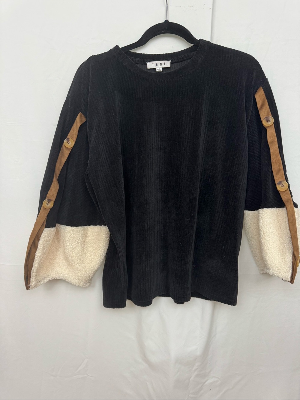 THML Black Corduroy Mixed Media Sherpa Sleeve Top
